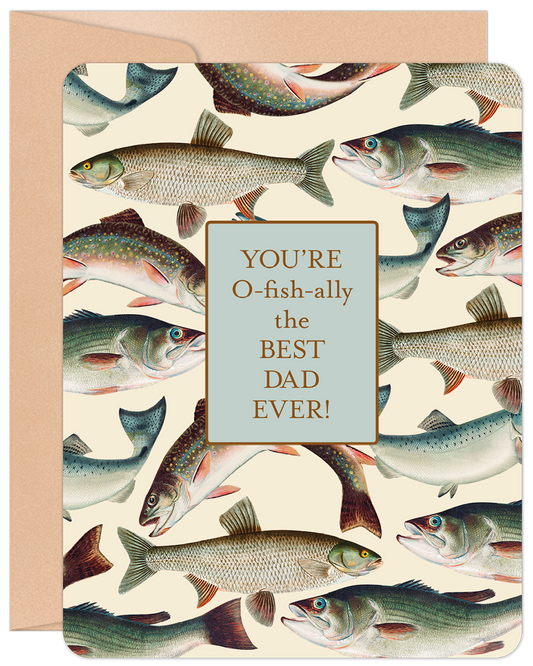 Front of a Father's Day greeting card featuring a vintage fish pattern and the text 'YOU'RE O-fish-ally the BEST DAD EVER!' with a brown envelope.
