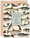 Funny fishing-themed greeting card for him, featuring vintage fish illustrations and the pun 'You're O-fish-ally the BEST DAD EVER!' on a light blue background, perfect for a parent who loves fishing.
