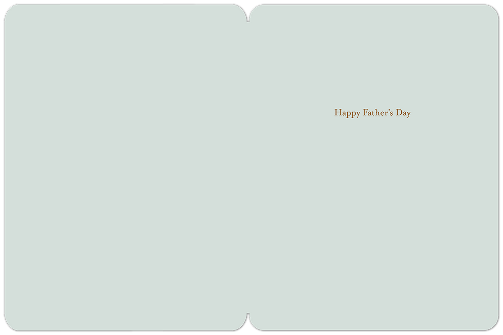 Inside of a fishing-themed greeting card with 'Happy Father's Day' printed in brown text on a light blue background, ready for a personalized message.