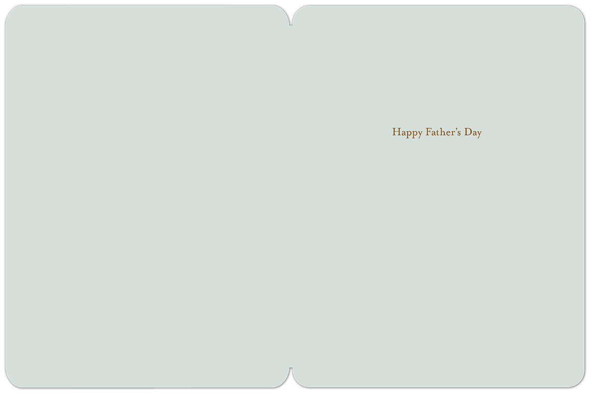 Inside of a fishing-themed greeting card with 'Happy Father's Day' printed in brown text on a light blue background, ready for a personalized message.
