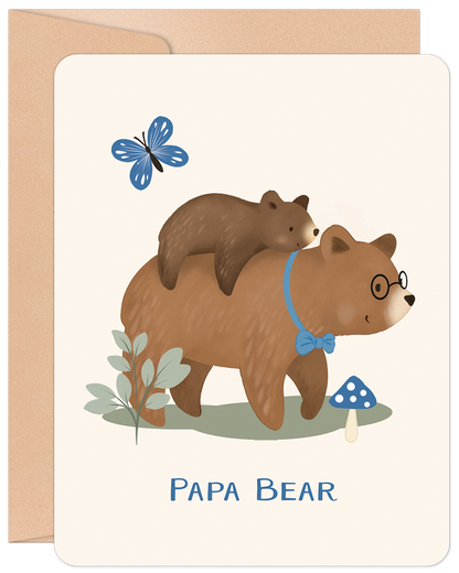 Front of a 'Papa Bear' greeting card with an illustrated father bear wearing glasses and a blue bow tie, carrying a cub. Includes a butterfly.