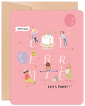 Vibrant pink greeting card featuring a festive illustration of diverse women celebrating with a tiered cake, balloons, champagne, and gift boxes. Text reads 'WOO HOO', 'CELEBRATE', and 'LET'S PARTY!'. Perfect for a fun, lighthearted occasion.