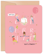 Vibrant pink greeting card featuring a festive illustration of diverse women celebrating with a tiered cake, balloons, champagne, and gift boxes. Text reads 'WOO HOO', 'CELEBRATE', and 'LET'S PARTY!'. Perfect for a fun, lighthearted occasion.