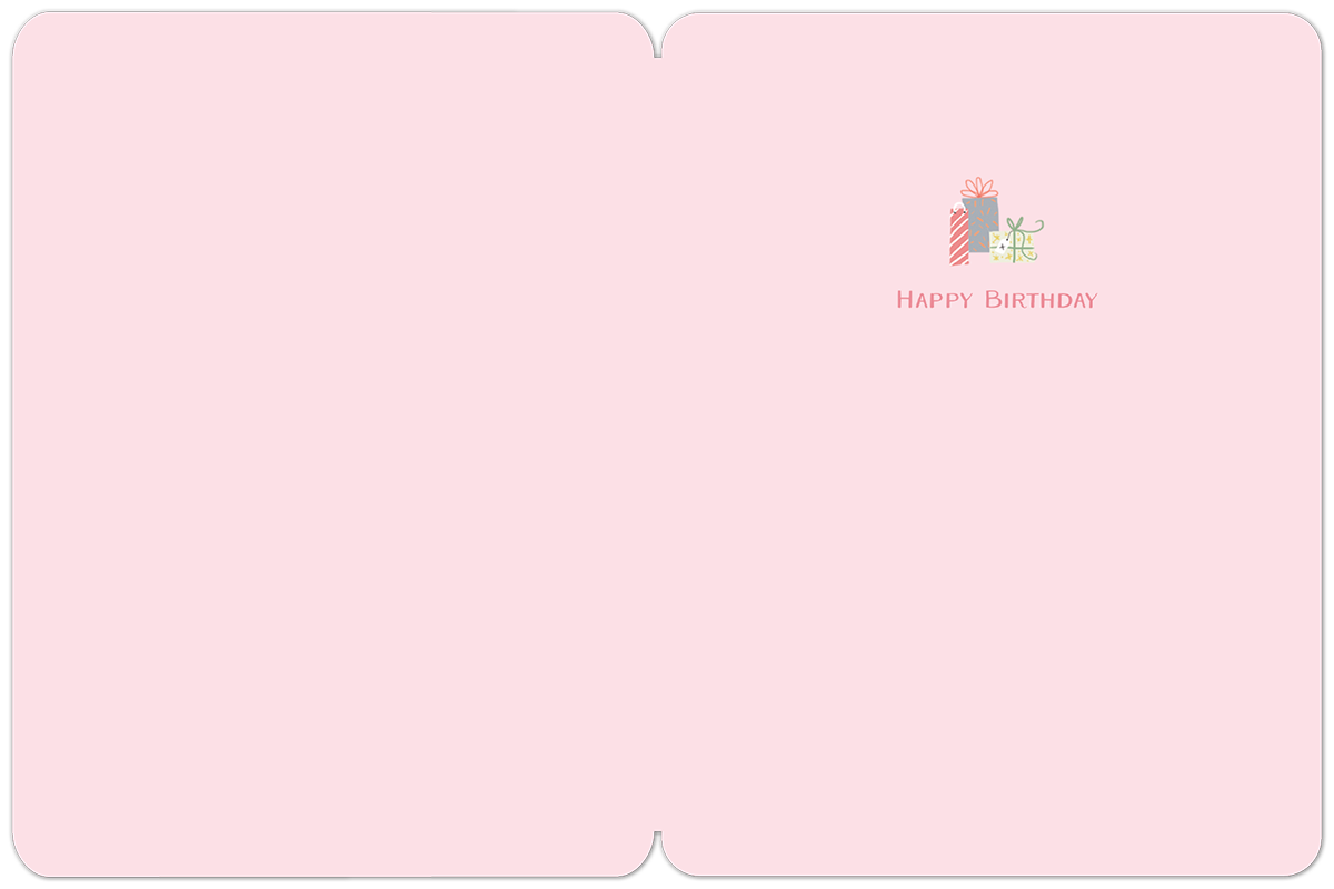 Inside view of a light pink greeting card, minimalist design with a small illustration of two wrapped presents and the printed message 'HAPPY BIRTHDAY' in a cheerful font.