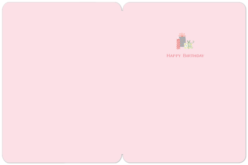 Inside of a minimalist light pink greeting card, showing a small illustration of two wrapped presents and the simple message 'HAPPY BIRTHDAY' in a classic font, ready for a personalized note.