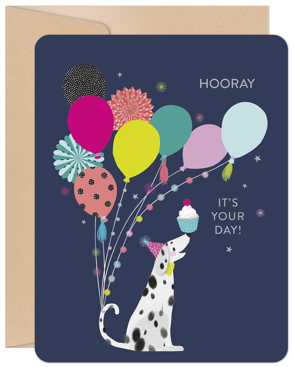 Cute birthday greeting card for anyone featuring a dalmatian dog in a party hat balancing a cupcake, surrounded by vibrant balloons on a dark blue background. Perfect for a special day.