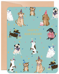 Greeting card front with a cheerful turquoise background, featuring a diverse group of cartoon dogs wearing colorful party hats, surrounded by confetti and small birthday cakes. Text reads 'HAPPY BIRTHDAY'.