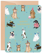 Greeting card front with a cheerful turquoise background, featuring a diverse group of cartoon dogs wearing colorful party hats, surrounded by confetti and small birthday cakes. Text reads 'HAPPY BIRTHDAY'.