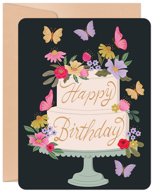 Elegant greeting card featuring a two-tier white cake adorned with vibrant pink, yellow, and purple flowers and whimsical butterflies on a dark background, with 'Happy Birthday' script. Includes a kraft envelope.