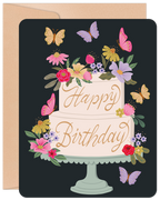 Elegant two-tier birthday cake greeting card with vibrant flowers, colorful butterflies, and a dark background. Perfect for sending celebratory wishes.