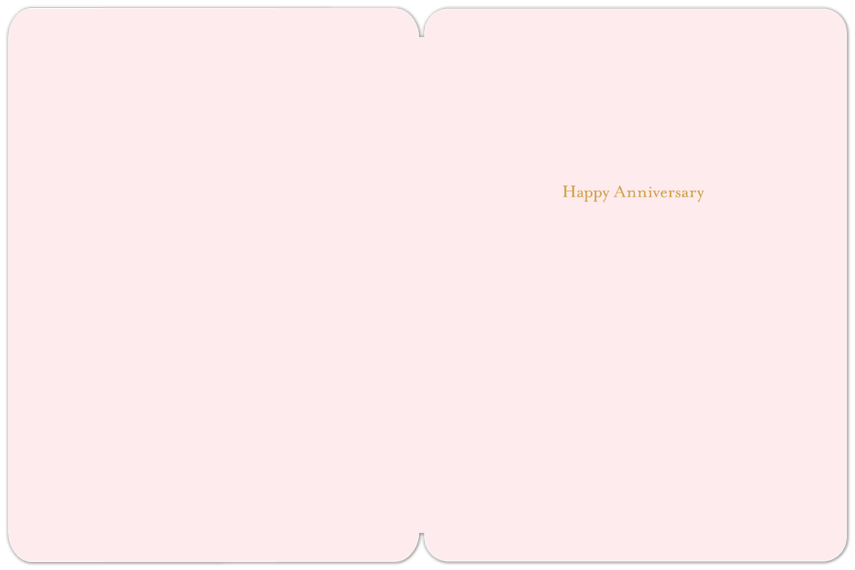 Open anniversary card with a soft pink interior, revealing a subtle gold 'Happy Anniversary' message printed on the right side, ready for a personalized sentiment.