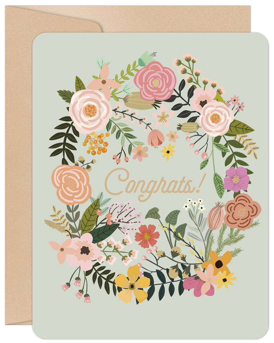 Pastel floral congratulations card with 'Congrats!' text, featuring a botanical wreath design and a subtle kraft envelope.