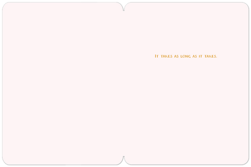 Inside view of a comforting greeting card with simple white space, featuring the gentle message 'IT TAKES AS LONG AS IT TAKES.' in the upper right corner, offering support for a friend's healing journey.