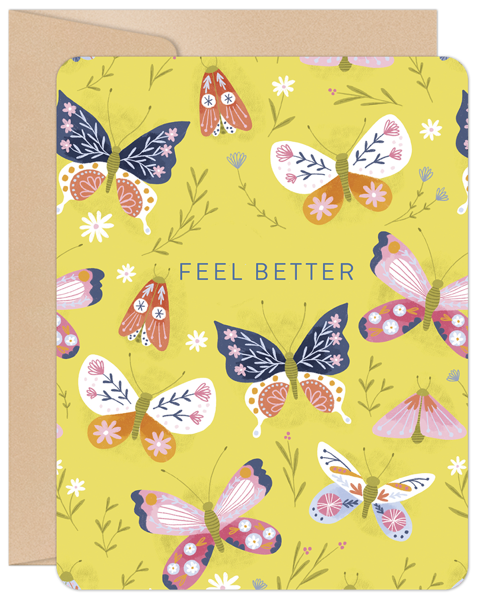 Front of a 'Feel Better' greeting card featuring vibrant, folk art style butterflies and floral accents on a cheerful yellow background.