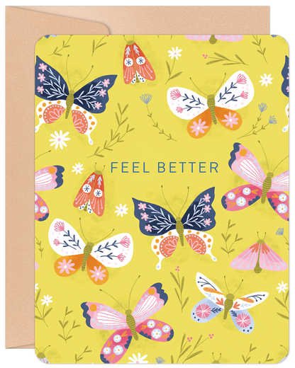 Front of a 'Feel Better' greeting card featuring vibrant, folk art style butterflies and floral accents on a cheerful yellow background.