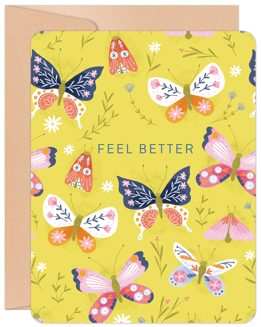 Front of a 'Feel Better' greeting card featuring vibrant, folk art style butterflies and floral accents on a cheerful yellow background.
