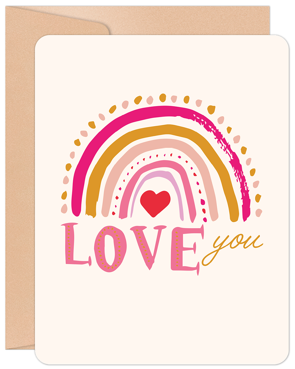 Cute love greeting card front with a colorful, hand-drawn rainbow and heart, text 'LOVE you'.