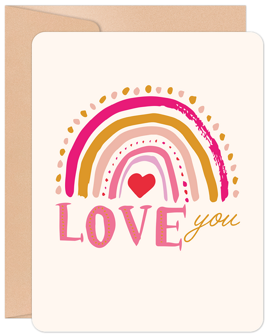 Cute love greeting card front with a colorful, hand-drawn rainbow and heart, text 'LOVE you'.