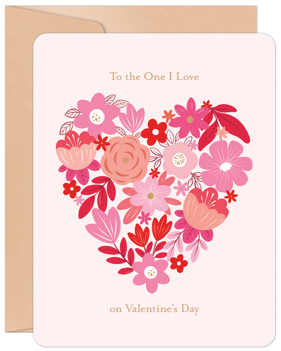 Front of a Valentine's Day card featuring a heart design made of pink and red flowers, with text 'To the One I Love on Valentine's Day'.