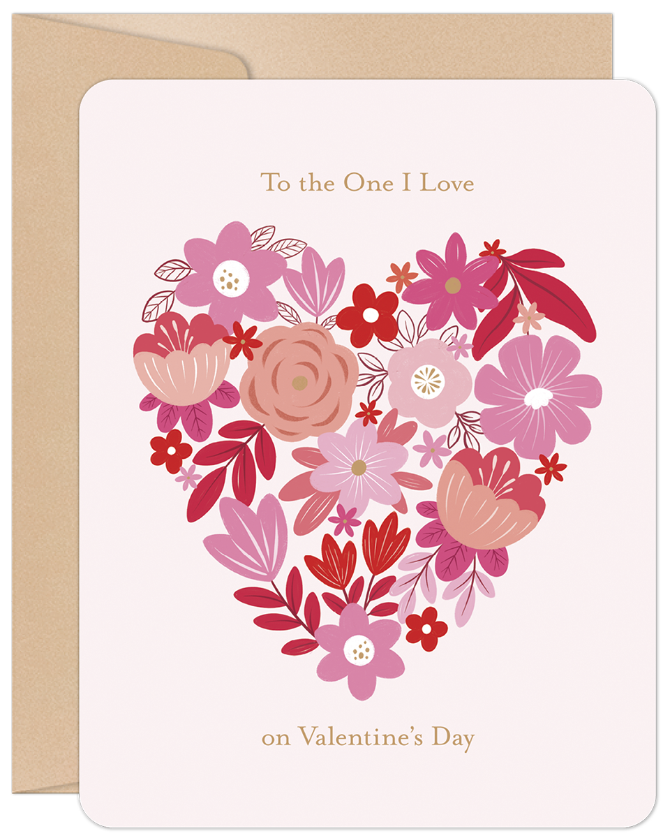 Front of a romantic floral greeting card for Valentine's Day, featuring a heart shape intricately formed by various pink, red, and white flowers on a soft pink background, with the text 'To the One I Love' and 'on Valentine's Day' in elegant script. A kraft paper envelope is visible behind it.