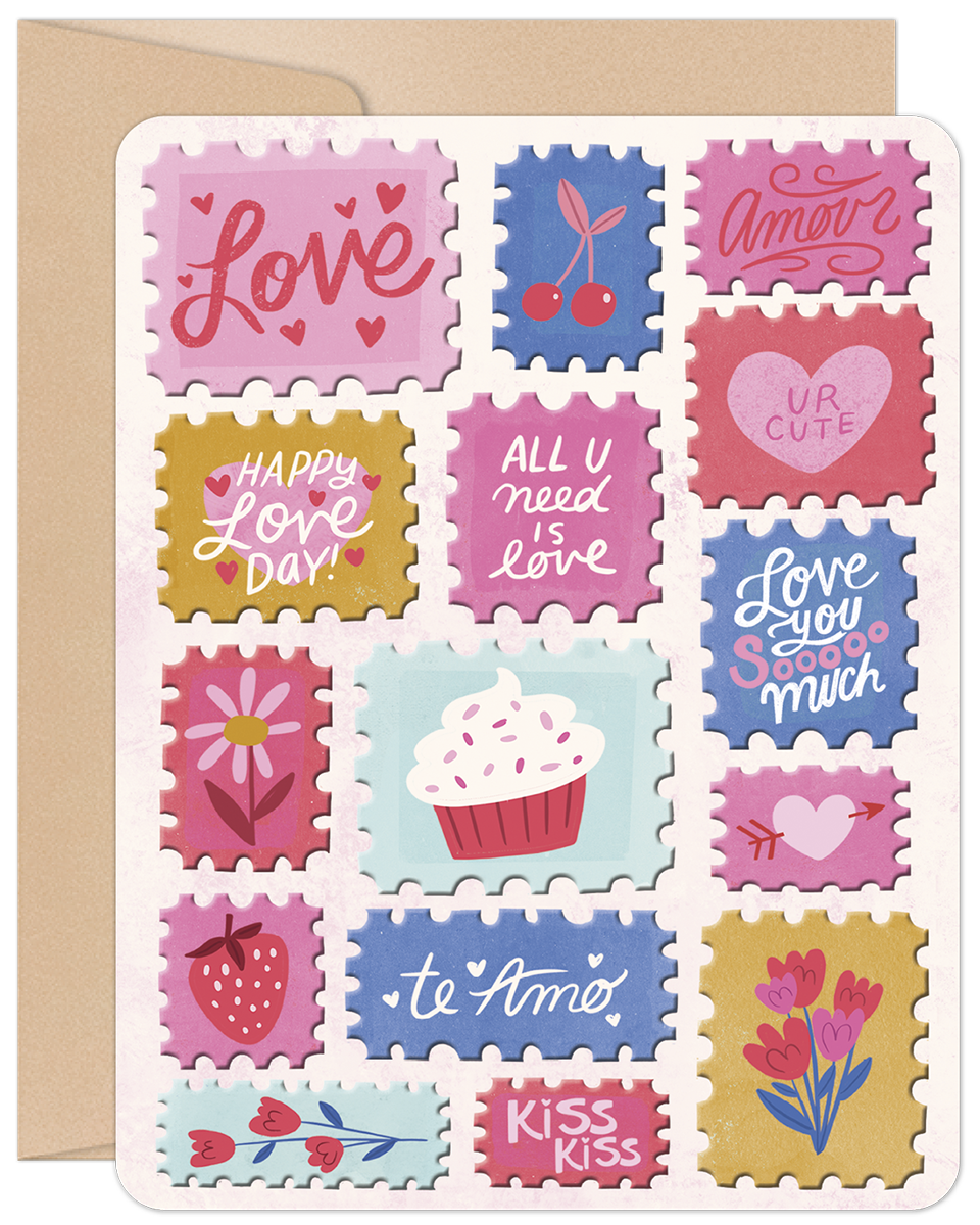 Cute Valentine's Day greeting card featuring a grid of colorful postage stamp designs with romantic messages like 'Love,' 'Ur Cute,' 'Happy Love Day,' a cupcake, cherries, and hearts, on a craft paper background.