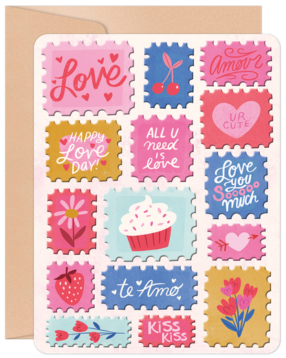 Front of a Valentine's Day greeting card featuring a collage of colorful love-themed stamps with messages like 'Love' and 'UR Cute'.