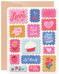 Cute Valentine's Day greeting card featuring a grid of colorful postage stamp designs with romantic messages like 'Love,' 'Ur Cute,' 'Happy Love Day,' a cupcake, cherries, and hearts, on a craft paper background.
