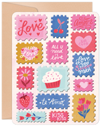 Cute Valentine's Day greeting card featuring a grid of colorful postage stamp designs with romantic messages like 'Love,' 'Ur Cute,' 'Happy Love Day,' a cupcake, cherries, and hearts, on a craft paper background.