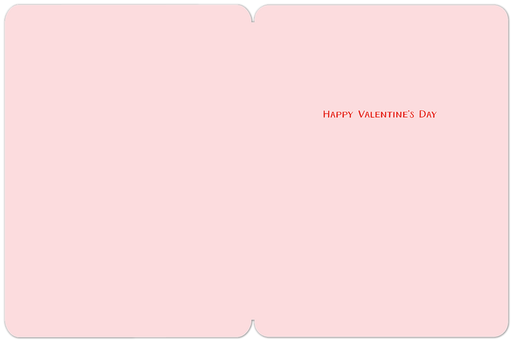 Open pink Valentine's Day greeting card with the text 'Happy Valentine's Day' in red on the right side, with ample space for a handwritten message.