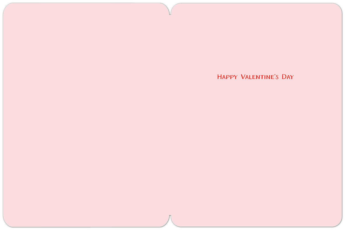 Open pink Valentine's Day greeting card with the text 'Happy Valentine's Day' in red on the right side, with ample space for a handwritten message.