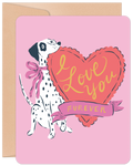Cute Dalmatian dog greeting card for Valentine's Day, featuring a black and white spotted dog with a pink bow, a large red heart with 'I Love You FUREVER' text, all on a pink background. Perfect for spouse, partner, or animal lovers.