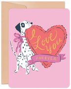 Cute Dalmatian dog greeting card for Valentine's Day, featuring a black and white spotted dog with a pink bow, a large red heart with 'I Love You FUREVER' text, all on a pink background. Perfect for spouse, partner, or animal lovers.