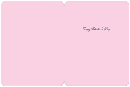 Open Valentine's Day greeting card with a pink interior showing 'Happy Valentine's Day' written in elegant script.