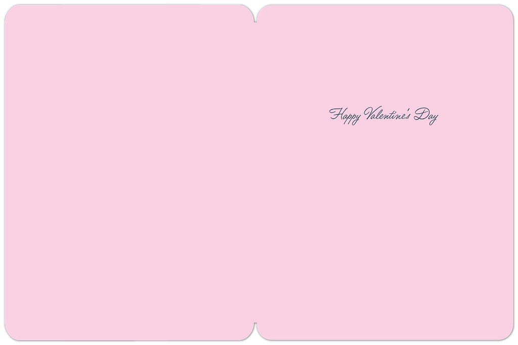 Inside of a pink Valentine's Day greeting card, featuring 'Happy Valentine's Day' in elegant dark blue script on a light pink background, ready for a personalized message.