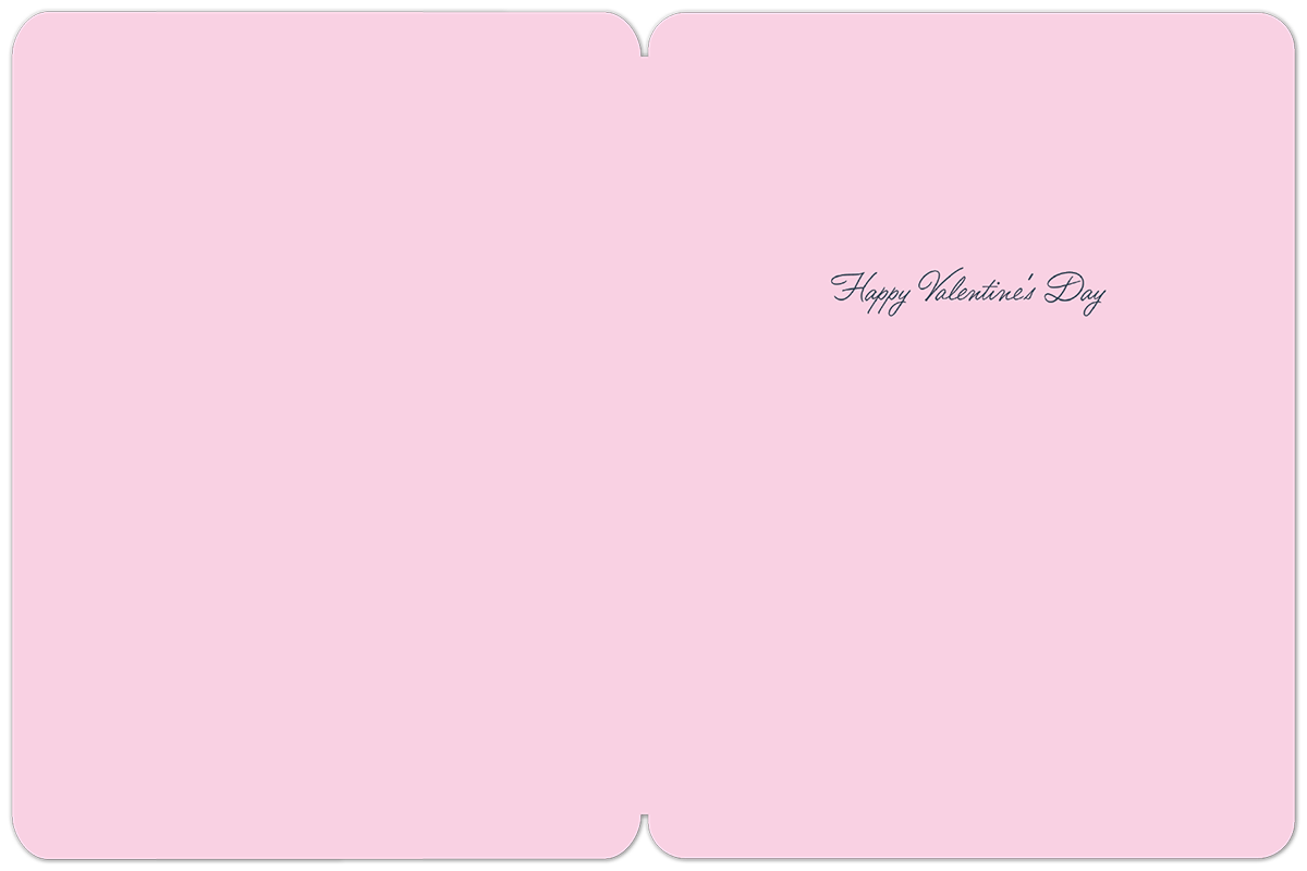 Inside of a pink Valentine's Day greeting card, featuring 'Happy Valentine's Day' in elegant dark blue script on a light pink background, ready for a personalized message.