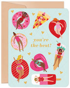 Cute Galentine's Day greeting card featuring diverse women in swimsuits on colorful pool floats like donuts, pizza, and hearts, with 'you're the best!' text. Perfect for celebrating female friendships.