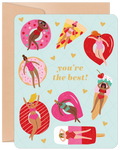 Cute Galentine's Day greeting card featuring diverse women in swimsuits on colorful pool floats like donuts, pizza, and hearts, with 'you're the best!' text. Perfect for celebrating female friendships.