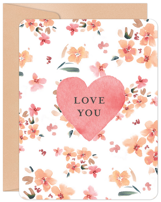 Front of a Valentine's Day greeting card with watercolor flowers and a pink heart containing 'LOVE YOU' text.