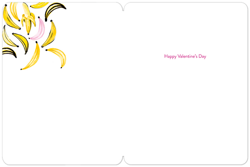 Inside view of the "I'm Bananas For You" Valentine's Day greeting card. The interior is white with a cluster of yellow and pink banana illustrations in the top left corner. Small pink text on the right side reads: "Happy Valentine's Day", leaving ample space for a personal message.