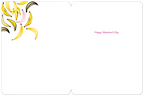 Open greeting card with a clean white interior. The upper left corner features a charming cluster of yellow and pink banana illustrations. In the bottom right quadrant, subtle pink text reads "Happy Valentine's Day".
