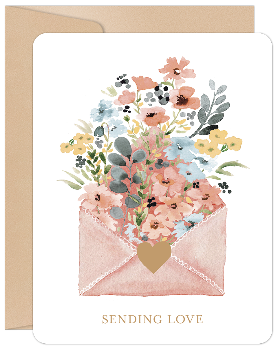 Watercolor floral bouquet in a pink envelope, 'Sending Love' text, with a gold heart seal on a Valentine's Day card.