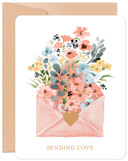 Watercolor floral bouquet in a pink envelope, 'Sending Love' text, with a gold heart seal on a Valentine's Day card.