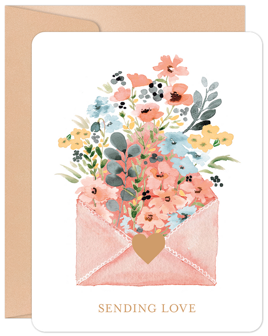 Watercolor floral bouquet in a pink envelope, 'Sending Love' text, with a gold heart seal on a Valentine's Day card.