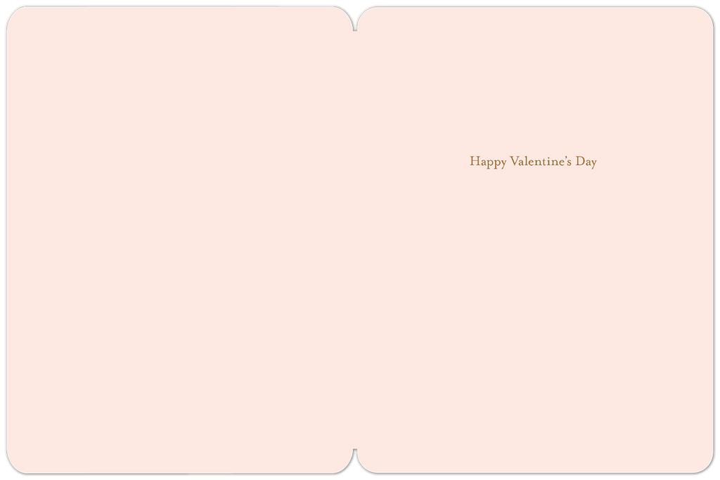 Inside of a light pink greeting card with brown text 'Happy Valentine's Day' on the right side, with ample blank space for a personalized message.