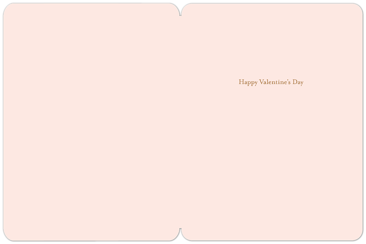 Inside of a light pink greeting card with brown text 'Happy Valentine's Day' on the right side, with ample blank space for a personalized message.