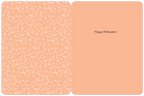 Inside view of a cheerful peach-colored Halloween greeting card. The left panel showcases a delicate white floral and leaf pattern, while the right panel displays 'Happy Halloween' in elegant black script. Perfect for personalized seasonal messages.