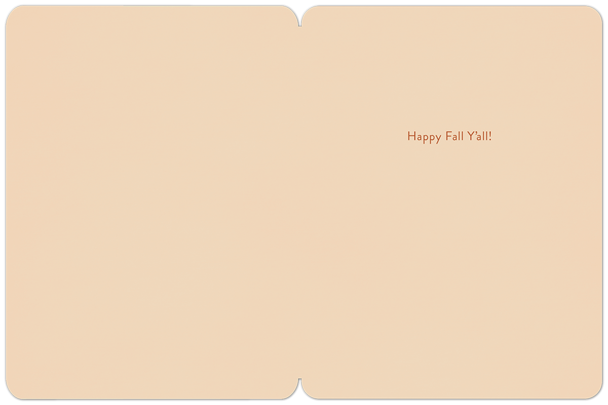 Open Halloween greeting card showing a blank interior with the seasonal text 'Happy Fall Y'all!' in orange, ready for a personalized spooky message.
