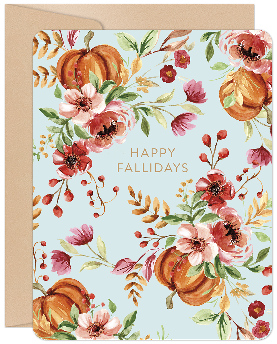 Watercolor Happy Fallidays greeting card with pumpkins, red flowers, and autumn foliage on a light blue background.