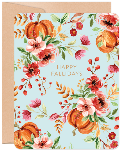 Watercolor Happy Fallidays greeting card with pumpkins, red flowers, and autumn foliage on a light blue background.