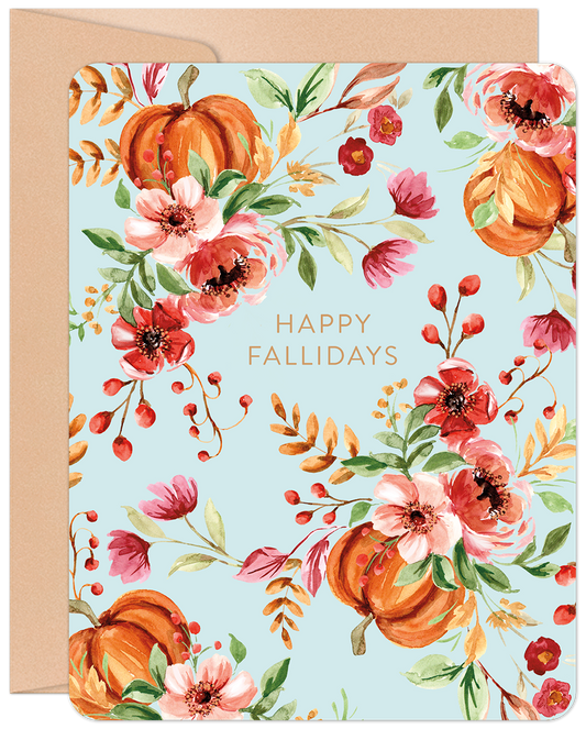 Watercolor Happy Fallidays greeting card with pumpkins, red flowers, and autumn foliage on a light blue background.
